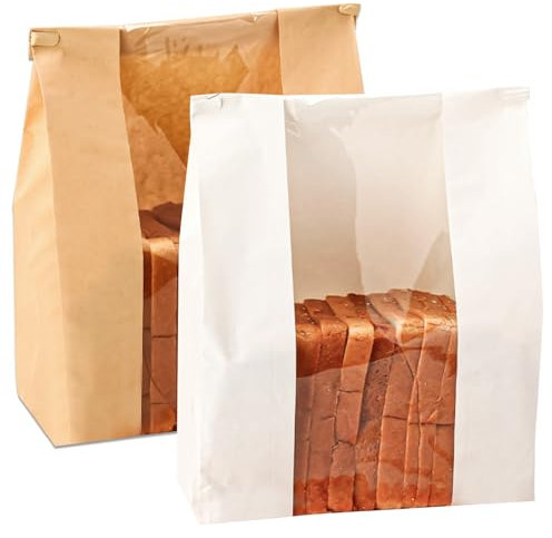 100 bolsas de pan de papel kraft para pan casero, bolsas grandes de pan de masa madre con ventana transparente, bolsa de pan con cierre de pestaña de estaño para galletas, pasteles, aperitivos y