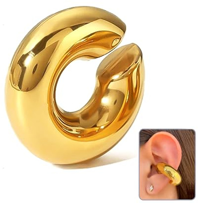 Ohrringe für Damen, große Creolen, Ear Cuff Clips, rundes Design, dick, ohne Loch, Edelstahl, vergoldet und silberfarben, Chunky Ringe, Mediano, Sterling Silber, Mondstein