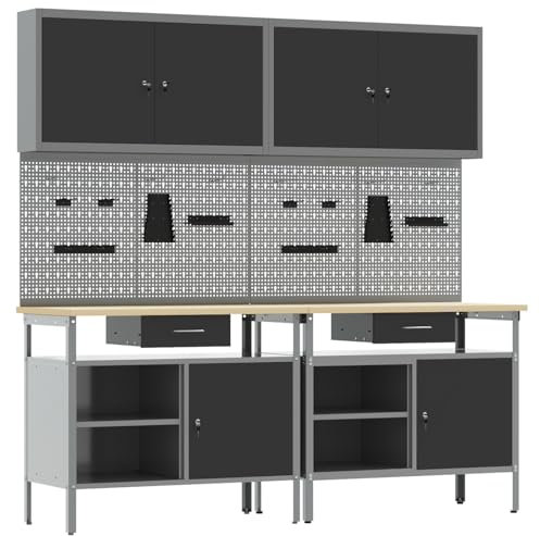 vidaXL Set de Banco de Trabajo de 8 Piezas en Acero Gris con Estantes Ajustables, Cajones y Tableros Perforados para el Taller, Banco de Trabajo Interior, Organizador de Herramientas y Muebles para E