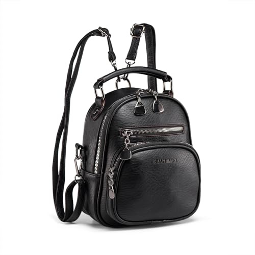 HUAZHIMAO Damen Rucksack Klein PU Leder Rucksäcke Elegant Kleiner Rucksackhandtaschen Mädchen Wasserdichte Backpack Daypack Mini Cityrucksack (Schwarz - Klein)