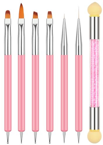 BUTBU Doubel Ended Nail Art Brushes, 7PCS Nail Design Brushes, Point Drill Drawing Painting Tools Set, Sponge nail art Brush, Drill-Drawing Liner Nails Brush Pen for DIY nails-art Designs (Pink)