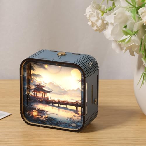 BAODBF Holzpuzzle Nachtlicht 3D,Nachtlicht Erwachsene, Holz für Geburtstag,Kindertag,Vatertag,Weihnachten,9×9×4.5 cm (Hellblau)