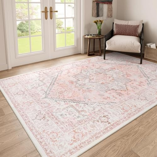 AUWUUA Pink Area Rug 60x240cm(2×8ft) Large Oriental Floral Living Room Rugs, Washable Vintage Medallion Rug, Soft Non-Slip Low-Pile Carpet for Girl Room Bedroom Under Dining Table Entryway