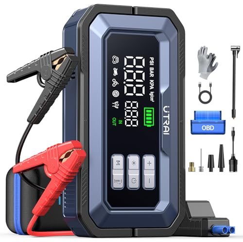 UTRAI 7000A Car Battery Booster Jump Starters with Air Compressor/OBD II Scanner/160 DC OUT,Jump Starter Power Pack with 2000 Lumen LED Light/QC18W,Powerbank Charger for All Gas/14L Diesel/Hybrid