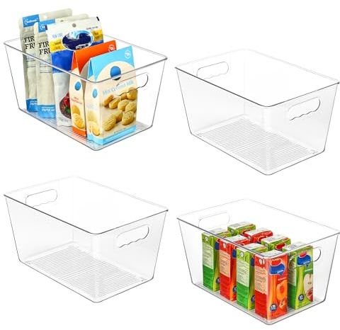 Vtopmart Clear Plastic Storage boxes, 4 PCS Storage Baskets with Handle for Bathroom, Kitchen Cupboard, Fridge, Pantry Organizers and Storage,Multi-Use, BPA Free, Middle