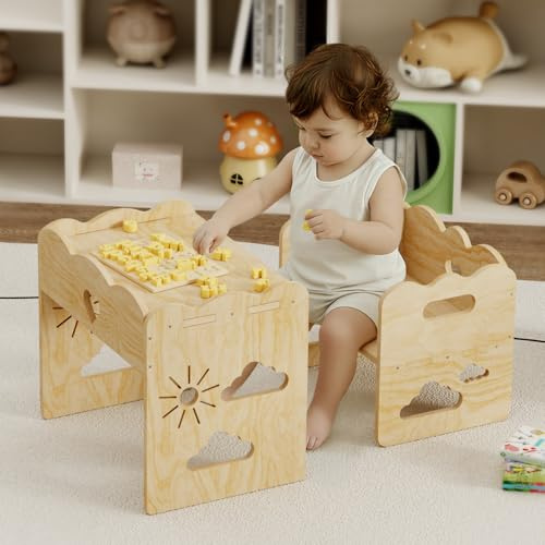 Giklux und Stuhlsets für Kindertisch, Tisch und Stuhl aus Holz, Montessori-Tisch, Montessori-Möbel, Kindertisch-Stuhl-Set, ideal für Mahlzeiten, Lernen und Spielen