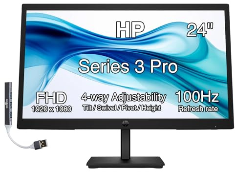 HP Series 5 524da 24 FHD IPS Monitor with 5ms Response Time, Anti Glare, Flicker Free, VGA, HDMI & Dockztorm USB Port Expander, Black/Gray Color (B11W5AT#ABA)