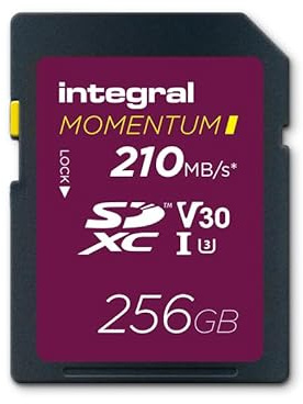 Integral Momentum I 256 GB SDXC V30 U3 Karte – Bis zu 210 MB/s lesen, 180 MB/s schreiben – für DSLR, spiegellose Kameras & Camcorder – 4K-UHD-Video & Burst-Mode – wasserdicht, stoßfest, robust