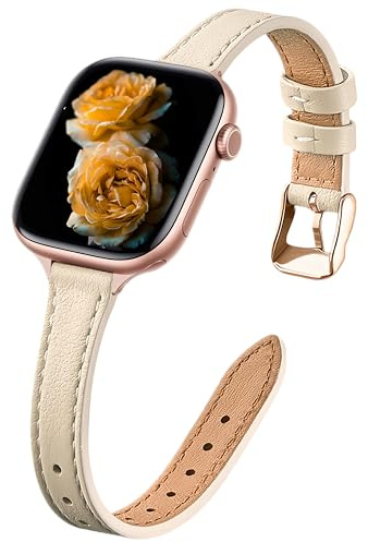 Smidigt Äkta Läderarmband Kompatibelt med Apple Watch Ultra3/2/1 SE3/2/1 Series11/10/9/8/7/6/5/4/3/2/1, Smalt Top Grain Läderband för 38/40/41/42/44/45/46/49 mm - Vit