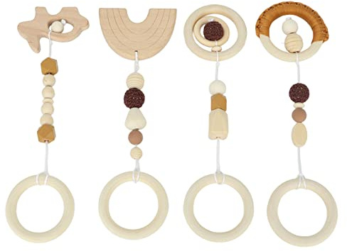 EMUKOEP 4 Stück Kinderwagen-Anhänger-Spielzeug, Babyspielhalle, Handgefertigtes Babyspielzeug aus Bio-Holz, Sicher Zum Zahnen, Entwicklung Motorischer Fähigkeiten, Geburtstags- und (Kaffeefarbe)