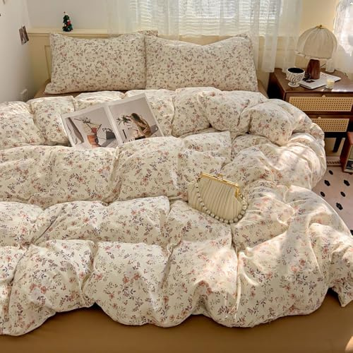 Covebett Bettwäsche 135x200 Beige Braun Blumen Blätter Pflanzen Aesthetic Bettbezug Blümchen Blumenmuster Mädchen Mikrofaser Weich Bettwäsche-Sets 2teilig mit Reißverschluss und Kissenbezüge 80x80 cm