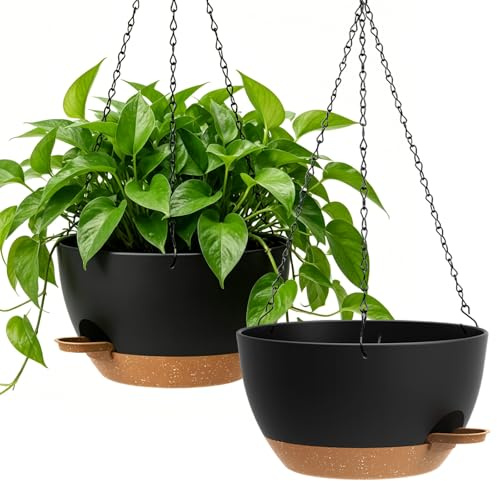 WSMKSZ 33cm Große Selbstbewässernde Blumenampel Hängend Innen Außen, 2er Set Dicker Kunststoff Blumentopf Hängend mit Drainageloch & Wasserreservoir, Hängetopf für Balkon, Veranda, Schwarz mit Braun