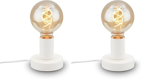 BRILONER - Nachttischlampe Retro mit Kabelschalter, E27 Fassung, max. 10 Watt, Tischlampe vintage, Lampe, Schreibtischlampe, Tischleuchte, Bürolampe, Leselampe Bett, Leselicht, 10x9 cm, Weiß