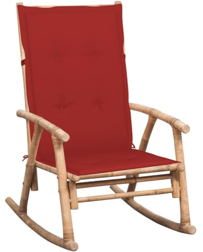 PUGYNBK Sedia a dondolo in bambù con cuscino, per giardino e terrazza, solida poltrona da esterno in bambù resistente alle intemperie, con cuscino in poliestere impermeabile con fissaggio,