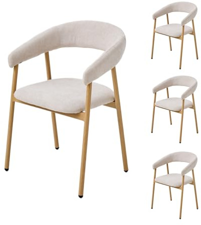 PPkrimnel Esszimmerstuhl Set 4 Stück Küchensessel Beige-Eichenholzfarbe | Modern Ergonomisch, Chenille-Bezug, Armlehnen, gebogener Rücken, Metallbeine mit Holzoptik, für Esszimmer, Küche