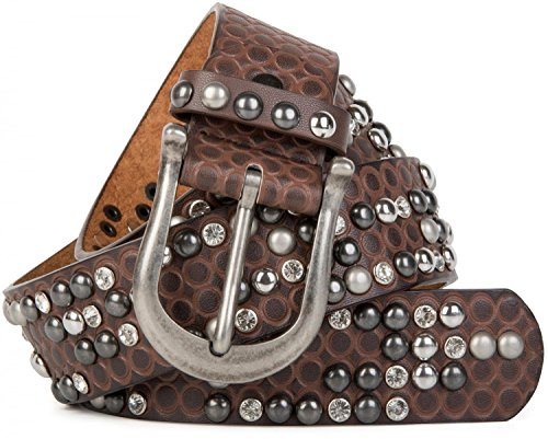 styleBREAKER Nietengürtel mit Kringel-Prägung, Strass und Kugel-Nieten im Vintage Design, kürzbar, Damen 03010058, Farbe:Rotbraun, Größe:100cm
