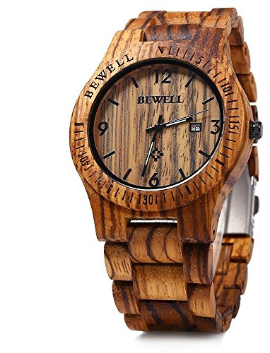 BEWELL W086B Mens Wooden Watch Analog Quartz Lightweight Handmade Wood Wrist Watch (Zebra Wood)