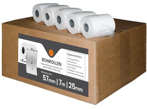 50 Stk. Thermorollen | 57x7x12 mm Ø25mm | Länge: 7 m | BPA frei | für EC Cash Geräte Rollen | Thermopapier made in Germany | HUTNER