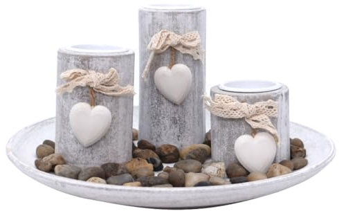 Schönes Deko-Set mit 3 Teelichthalter - dekoriert mit Herzen auf Teller und Dekosteine - romantisch stilvoll für Wohnzimmer Tischdeko Geschenkidee Kerzenhalter Landhausstil Shabby Chic - Ø24h12cm