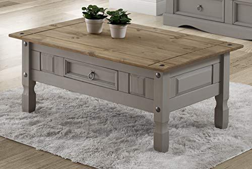 Corona Solid Wood Pine Grey Painted Wax Coffee Table 1 Drawer Wooden Mexican Style Lounge Living Room Side Unit 45cm High 95cm Wide 50cm Deep
