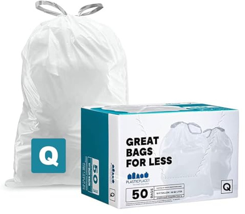 Plasticplace Custom Fit Trash Bags, Compatible with Simplehuman Code Q (50 Count), 13-17 Gallon Drawstring Garbage Liners, Heavy Duty Tear-Resistant