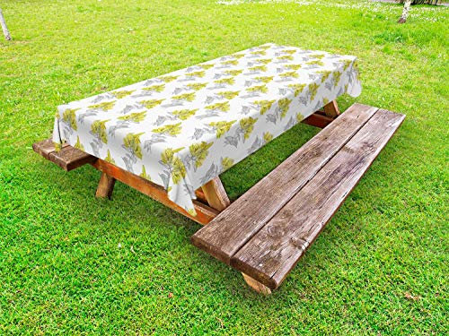 ABAKUHAUS Blumen Outdoor-Tischdecke, Lilien-Blumen-Skizze-Grafik, dekorative waschbare Picknick-Tischdecke, 145 x 305 cm, gelb Grau