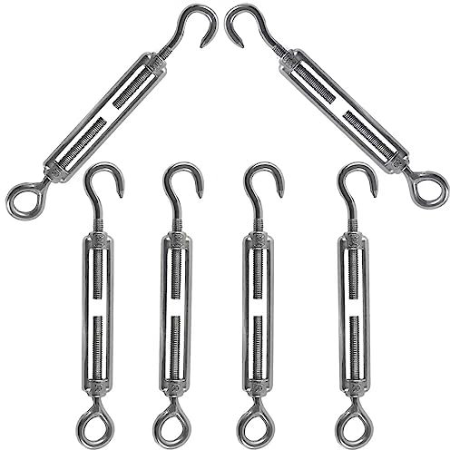 Rshuhx M4 Turnbuckle Wire Tensioner 304 Stainless Steel Adjustable Turnbuckle Hook and Eye Rope Cable Tension for Rope Tightener Garden Wire ClotheslineTensioner Heavy Duty Sun Shade Sail Fixing 6pcs