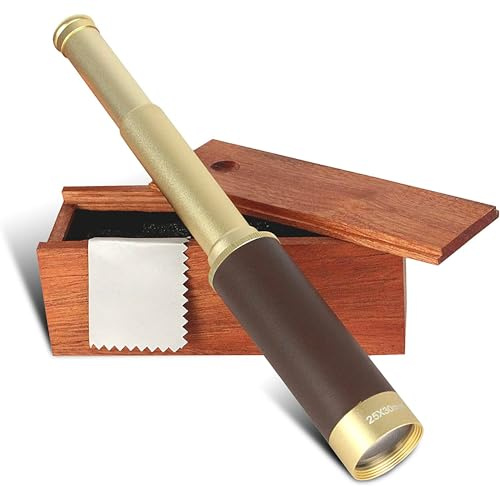 Box mit starker Sicht – Monokularteleskop – 25-fache Vergrößerung – Linse 30 mm – Wandern, Jagd, Boot, Vogelbeobachtung und Landschaft – Aufbewahrungsbox aus Holz – 33 cm – goldfarben