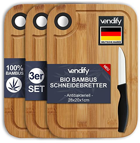 vendify® Bambus Frühstücksbrettchen 3er-Set & Keramikmesser - 3x Schneidebrett 28x20 cm - Antibakterielles Holz-Küchenbrett - 3 Frühstücksbretter