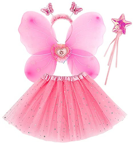 Discoball Feenkostüm-Set für Mädchen, Prinzessin, Tutu, Rock, Fee, Magie, Schmetterlingsflügel, Verkleiden, Fantasie-Kostüm, Spielen mit Schmetterlingsflügeln, Zauberstab und Stirnband, Set für 3-8