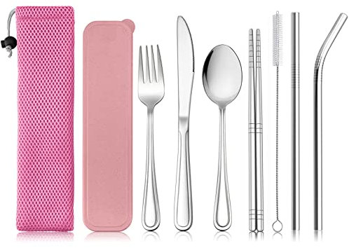 Haware 9 Piece Travel Cutlery Set, Stainless Steel Picnic Camping Flatware for 1 with Knife, Fork, Spoon, Chopsticks, Cleaning Brush, Straws, Portable Case& Bag, Portable& Reusable (Pink)