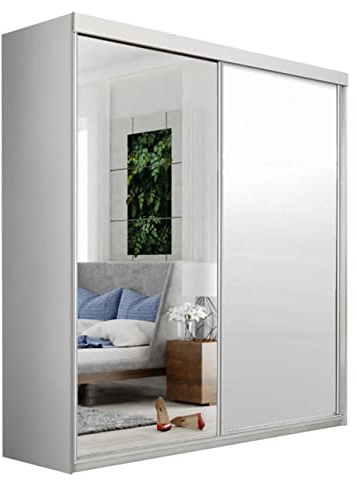 Mirjan24 Kleiderschrank Toplo 200 III, Spiegel, Garderobenschrank, Dielenschrank, 200 x 200 x 62 cm, Schlafzimmerschrank, Schwebetürenschrank (Weiß, mit RGB LED Beleuchtung.)