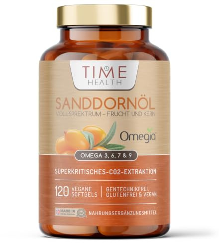Aceite de espino amarillo – 120 cápsulas blandas – Omega 3, 6, 7 y 9 – espectro completo – fruta y núcleo – vegano – sin aditivos (120 cápsulas blandas)