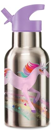 Crocodile Creek Kid's Stainless Steel Water Bottle with Built-in Straw, 400ml — Keeps Drinks Hot or Cold for Up to 6 Hours — Reusable & Leakproof Kids Water Bottle — Unicorn Galaxy