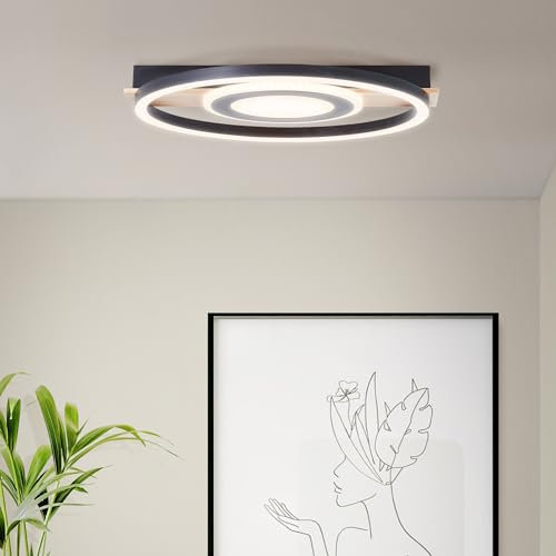 Lightbox LED Deckenlampe mit Holz Balken & warmweißer Lichtfarbe (3000K) - 37 x 39 cm - Deckenleuchte mit LED-Profil - 2900lm - max. 22 W - aus Metall/Kunststoff/Holz (Kiefer) - in Schwarz/Hellbraun