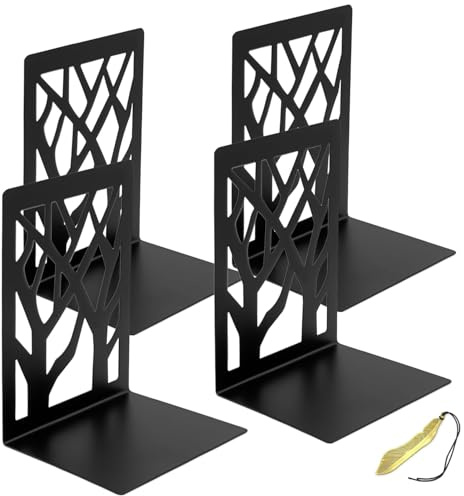 Mgood Metall Buchstütze L Form Bücherstütze rutschfest Schwarz 2 Paar | inklusive Lesezeichen, Baum Design, abgerundete Kanten, für Bücherregal, Büro, Schreibtisch, Schule, Zuhause