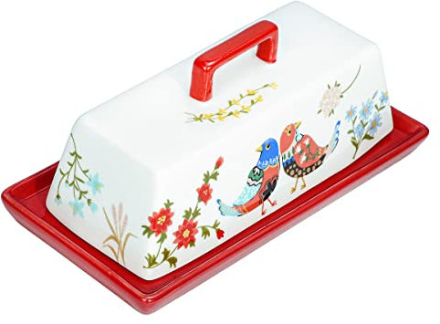Sizikato Beurrier en porcelaine avec couvercle, motif fleur rouge et oiseau 19 cm