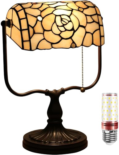 Uziqueif Klassische Bankerlampe, Retro Tiffany tischlampe, tischlampe mit zugschalter, Lampenschirm Glas, Tischleuchte Für Büro, Nachttischlampe