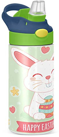 KAAVIYO Easter Rabbit Bunny Water Bottle Stainless Steel Insulated Vacuum Flask Leak Proof with Straw Brush Cup 350ML for Boys Girls Kids