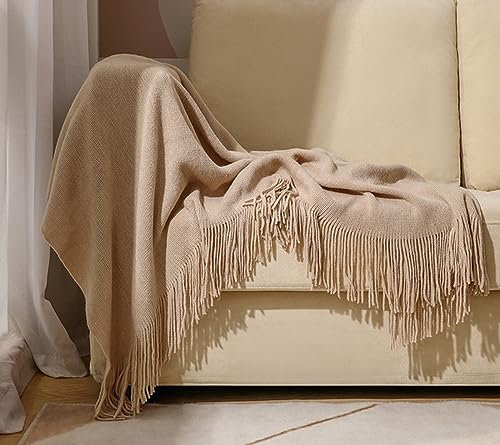 Tagesdecke Wohndecke Weiche Strickdecke Gestrickte Decke Wendedecke Kuscheldeck für Couch, Sofa, Stuhl, Bett, Heimdekoration Beige 130 x 240cm