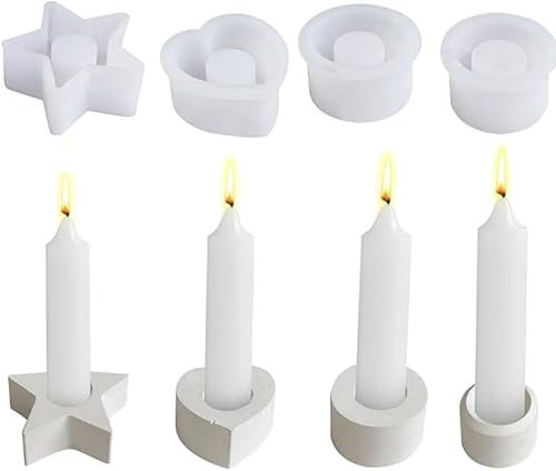 4 Stück Silikonform Kerzenhalter - Gießformen für Weihnachten, Stern, Rund - DIY Stabkerzenhalter