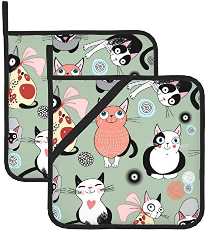 Set di 2 presine resistenti al calore con tasca per cottura in cucina, forno, forno a microonde (20,5 x 20,5 cm) / adorabili gatti dei cartoni animati