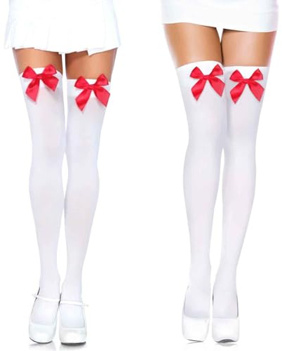 GWAWG 2 Pairs Knee High Socks with Red Bows, Bow Socks, White Stockings for Women Xmas Halloween Valentine's Day Favors