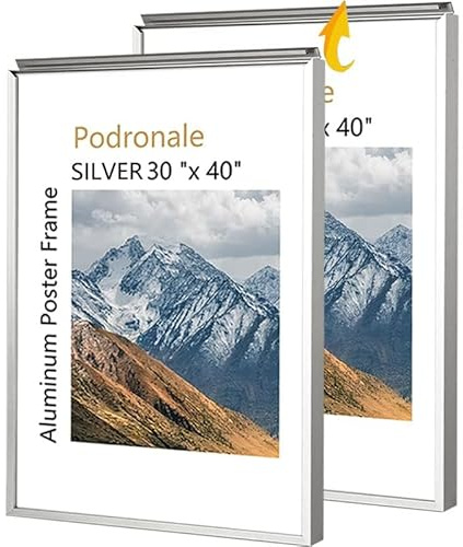 30x40 Inch Poster Frames 2PCS, Plexiglass, Silver Aluminum Snap Frame, Front-loading Frame for Wall