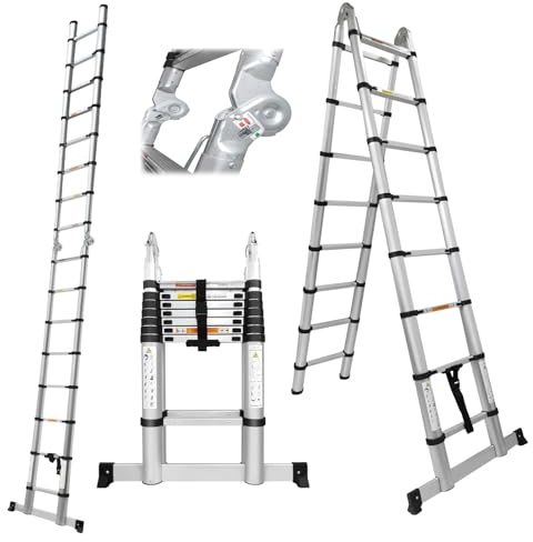 16.5FT Telescopic A Frame Ladder with Stabilizer Bar, 2-In-1 Extension Ladder Multi-Purpose Aluminum Telescoping Ladders with Ladder Non-slip Foot Mats, Foldable Extendable Ladder for Home Outdoors