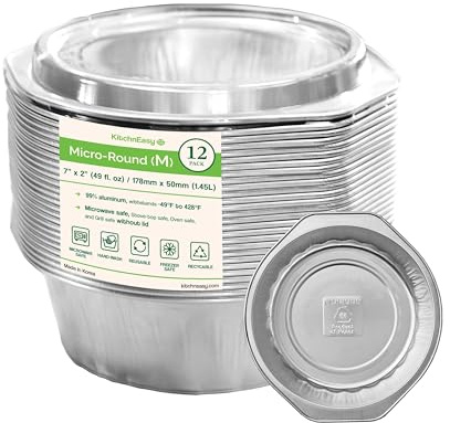 7 Round Aluminum Pans +Lids | 49oz, 7x2 | 3X Thick, Reusable | Microwave, Oven, Air Fryer, and Grill Safe| Ideal for Camping, Lunch Box, and Meal Prep | For Pasta, Mac and Cheese, and Lasagna (12)