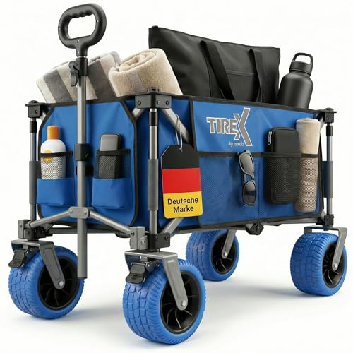 TIREX by xonic® Bollerwagen Faltbar PU XL Rädern aus Vollgummi – Strand & Garten Faltbarer verstellbarem Griff & Fußbremse – Robuster Transportwagen für Kinder & Camping (PU XL Räder, Blau)