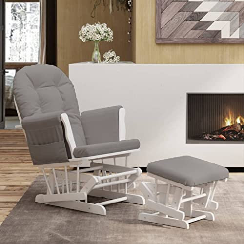 Hommdiy Schaukelsessel mit Hocker, Schaukelstuhl für Kinderzimmer Schlafzimmer Wohnzimmer, Relaxsessel mit Gleitfunktion, Gleitender Schaukelsessel Relaxstuhl, Stoff Hellgrau und Weiß
