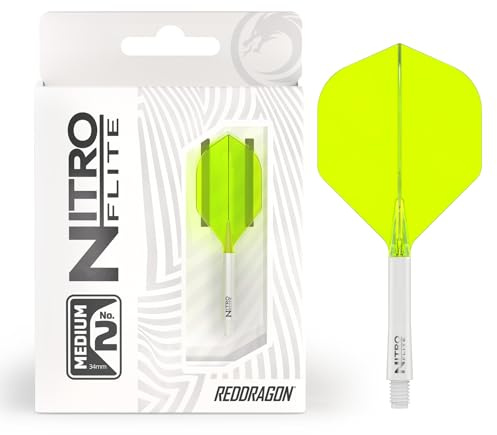 RED DRAGON Darts – Nitro Flite Integrated Flight & Shaft System – No.2 Shape and Design – White & Yellow Colour, Medium Length
