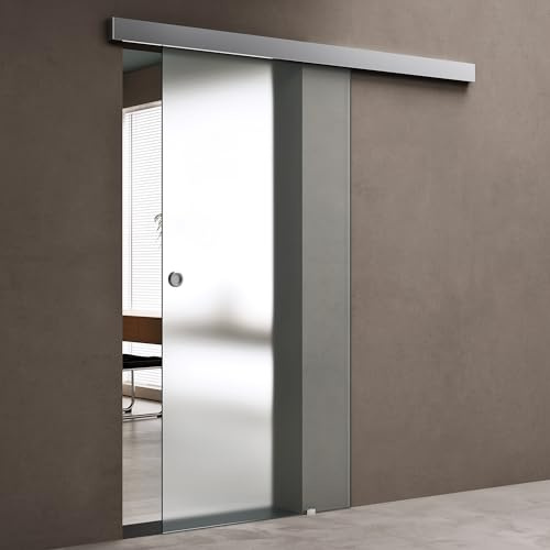 doporro Amalfi TS12H-775 Porte coulissante en verre satiné avec système Softclose 8 mm avec rail et poignée ronde pour salle de bain, cuisine, bureau, 77,5 x 215 cm